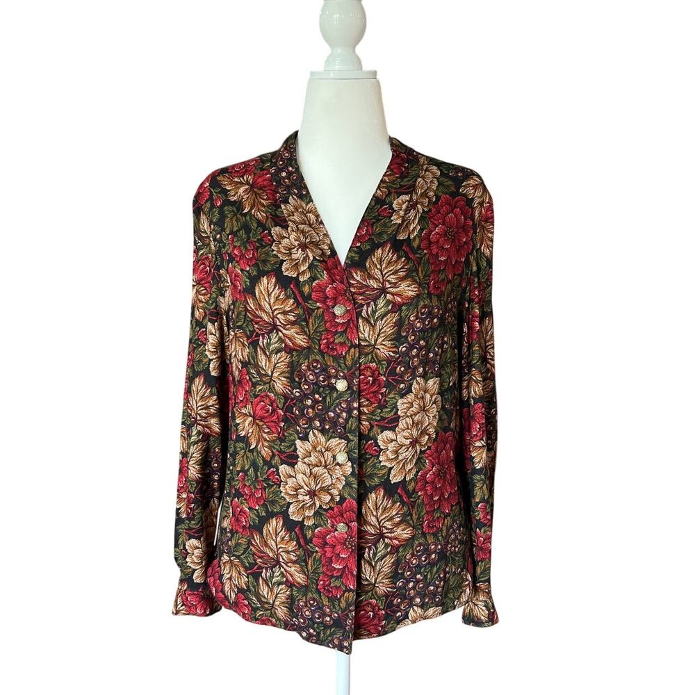 Vintage Norton McNaughton Fall Colors Themed Blouse Women's Size 12 V-Neck